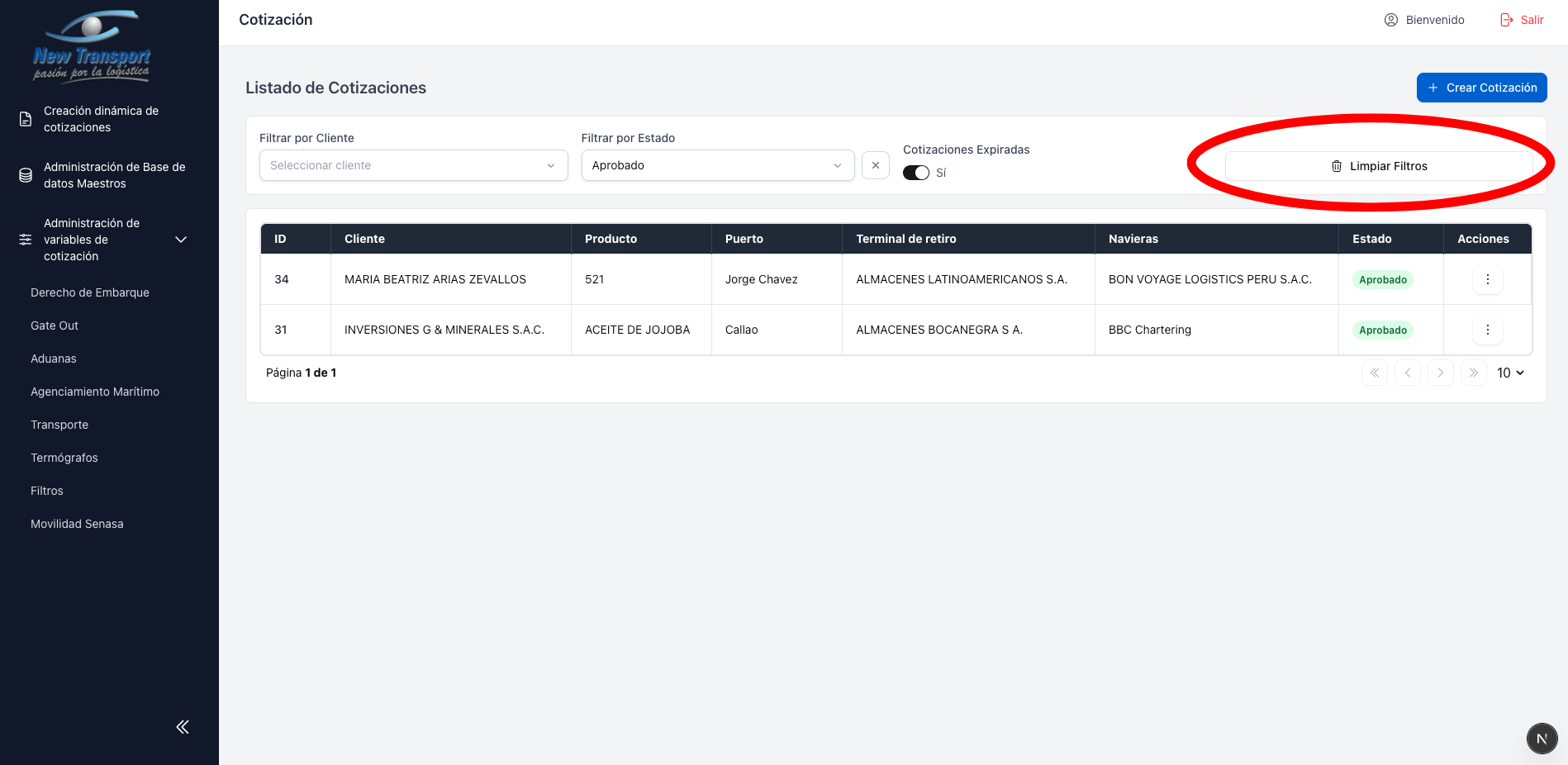 Boton limpiar filtros