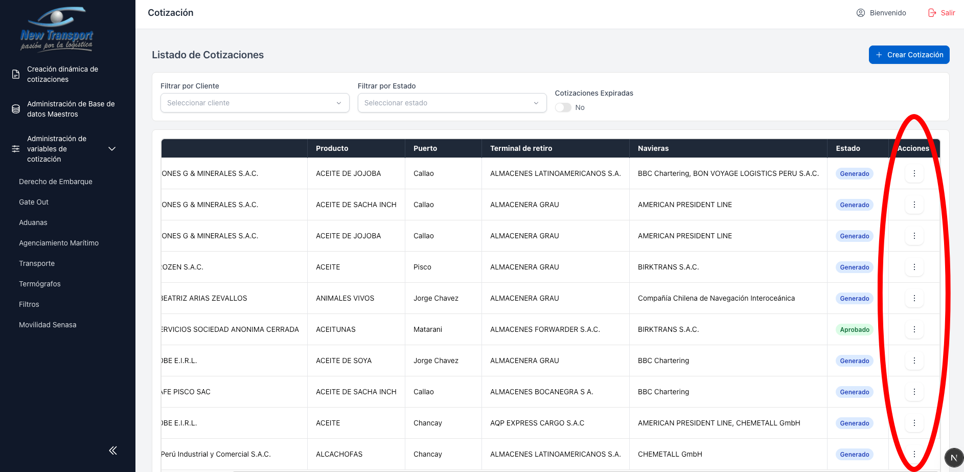 Menu de acciones de cotizacion