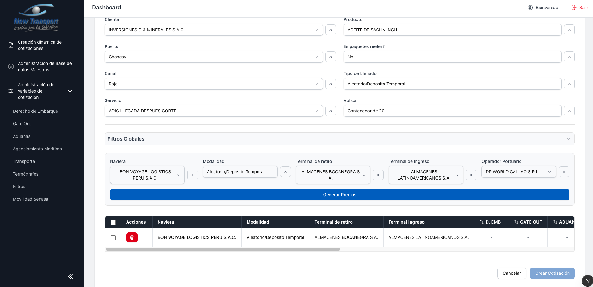 Datos de fila - Naviera y Modalidad