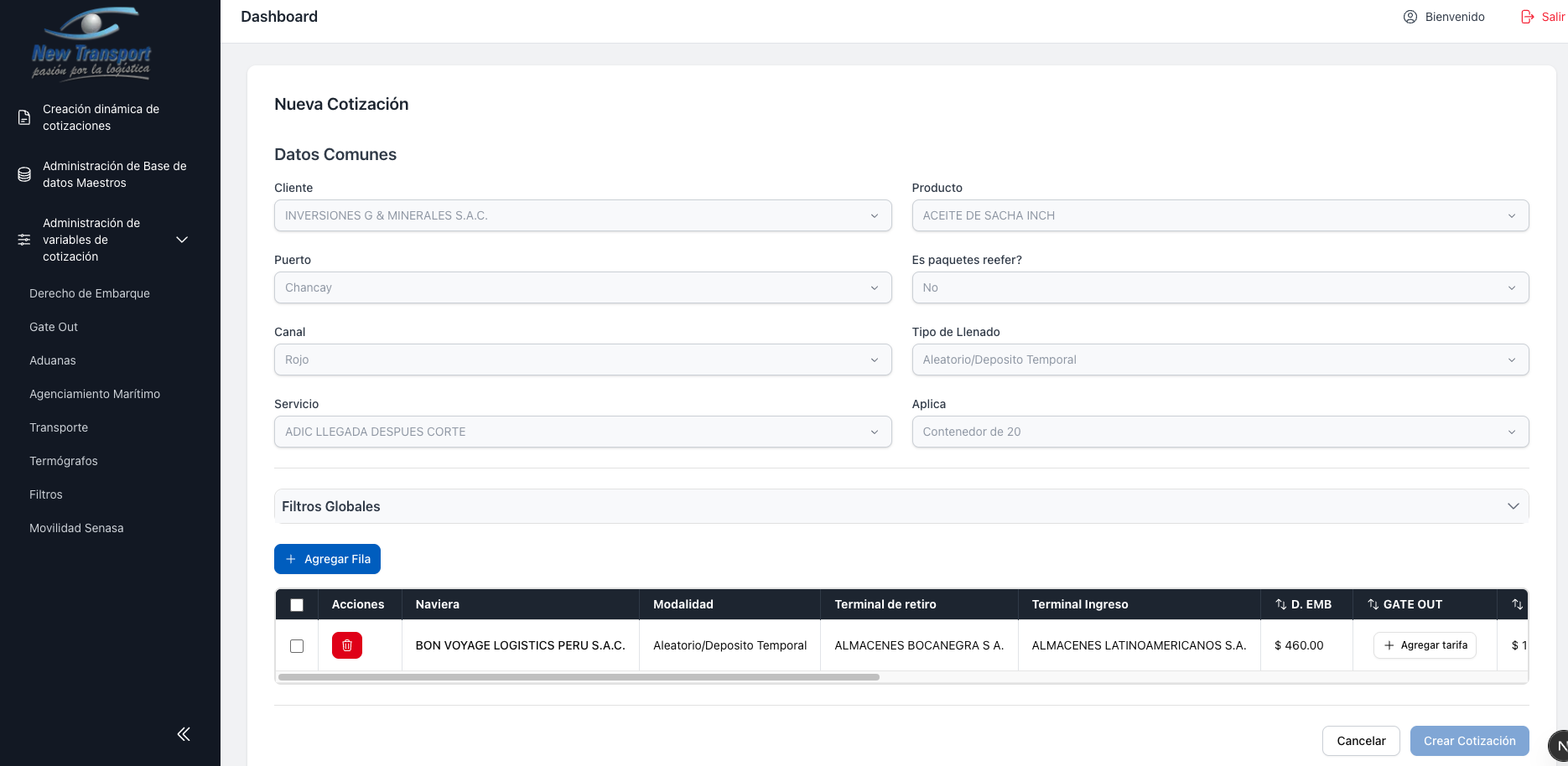 Datos de fila - Terminal