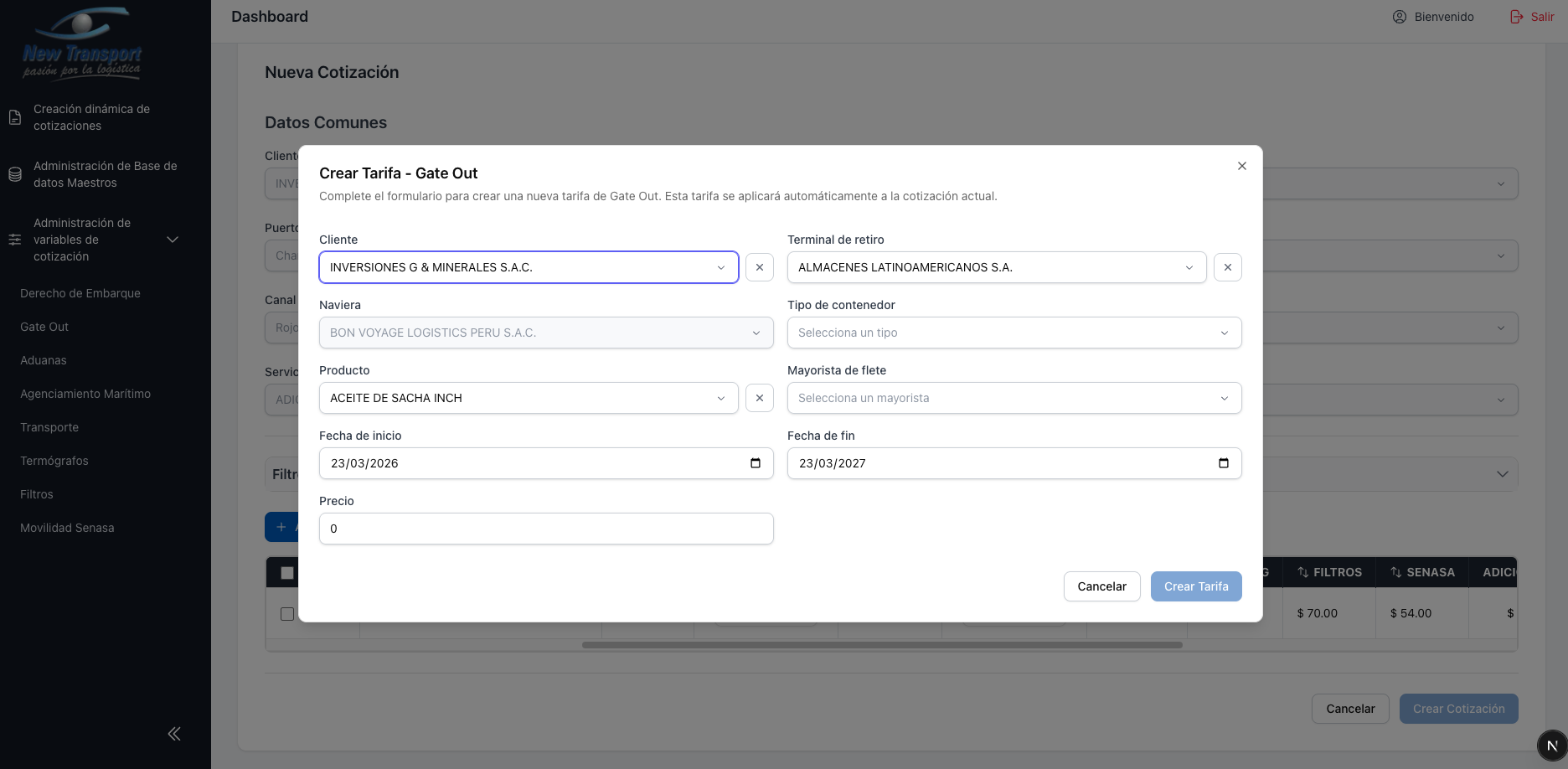 Modal de agregar tarifa