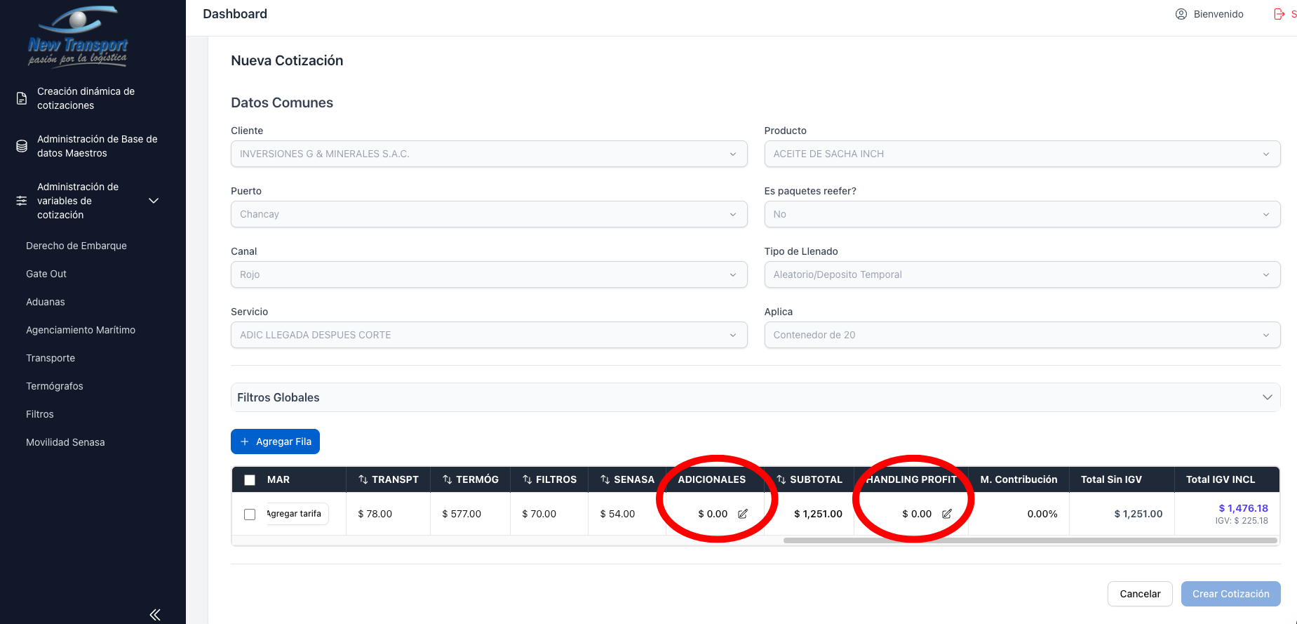Seccion de adicionales y handling