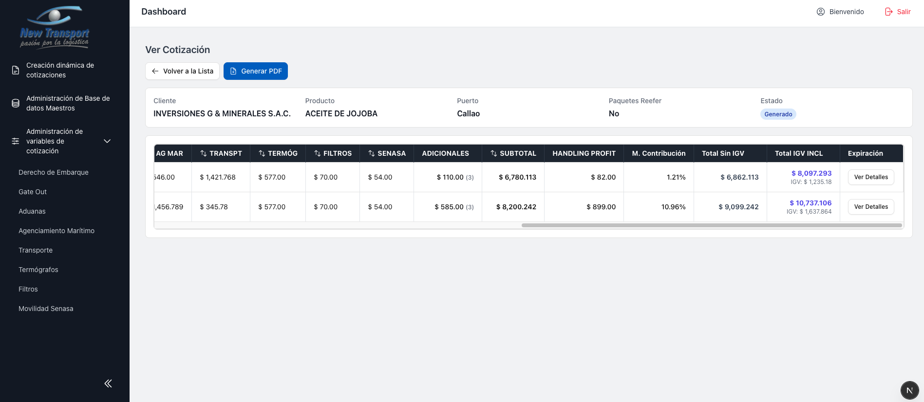 Vista completa de cotizacion