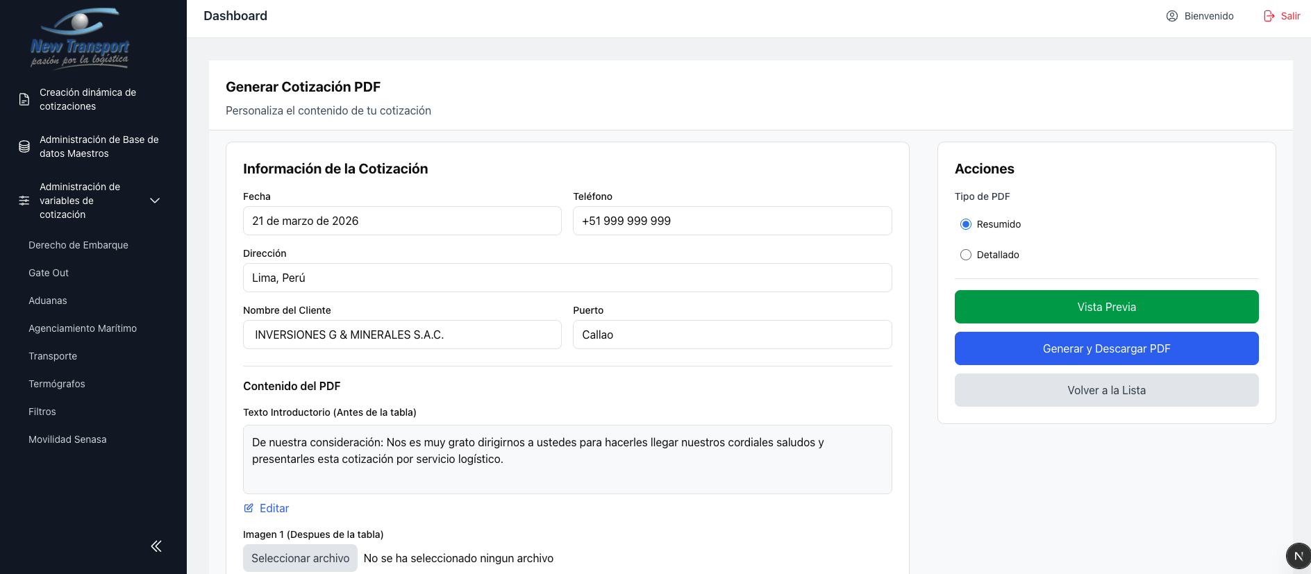 Pantalla de generacion de PDF
