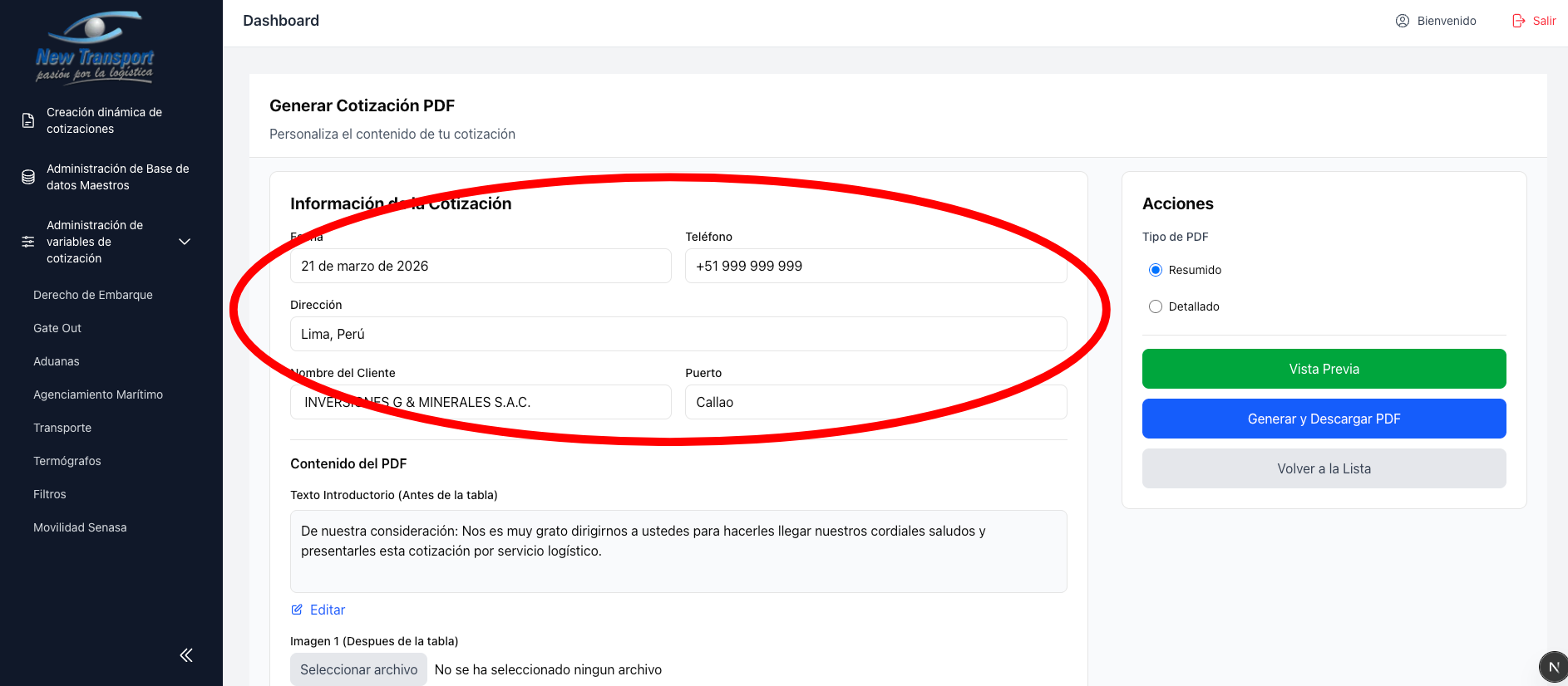 Edicion de cabecera del PDF
