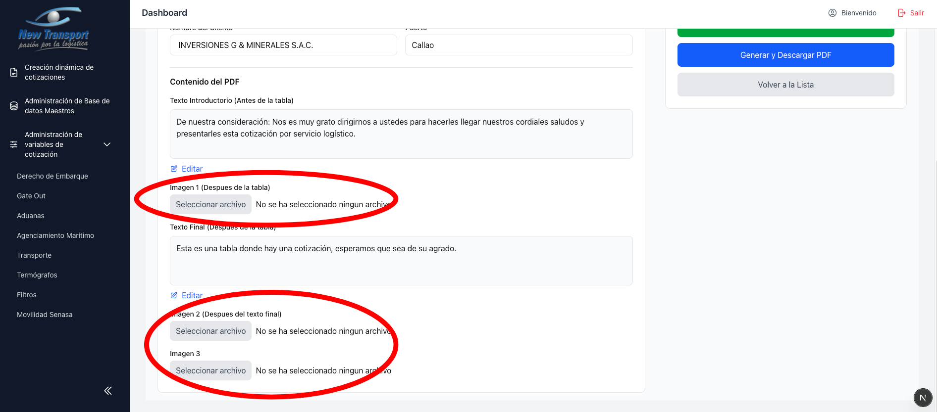 Carga de imagenes para el PDF