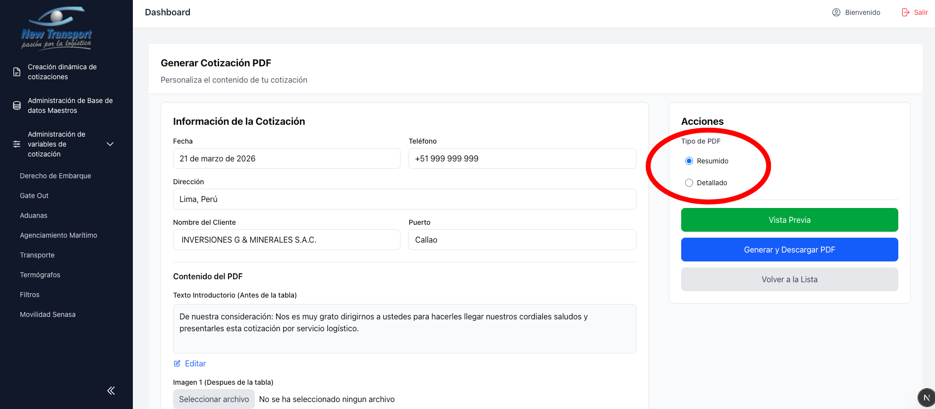 Seleccion de tipo de PDF