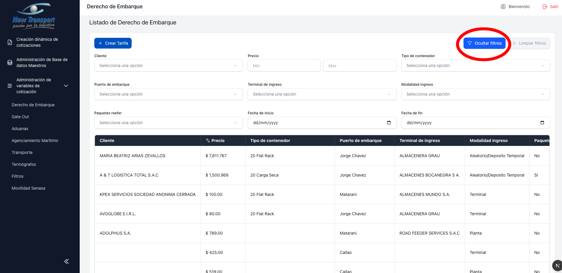 Filtros de columna visibles