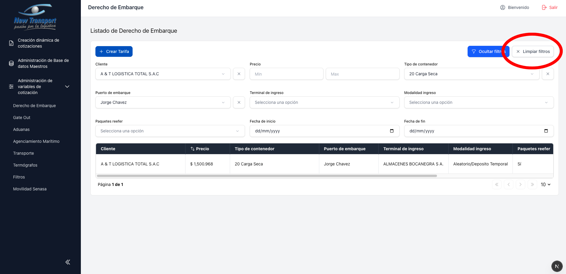Boton limpiar filtros de tarifas