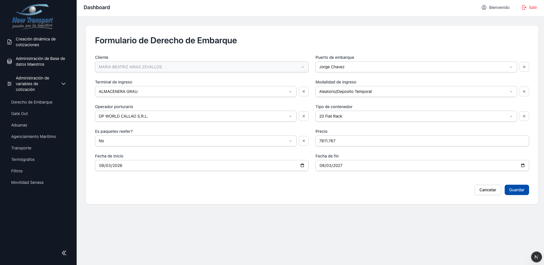 Formulario de edicion de tarifa