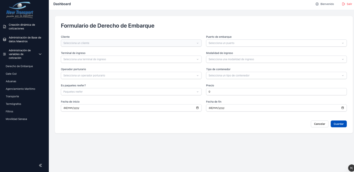 Formulario crear tarifa - parte 1