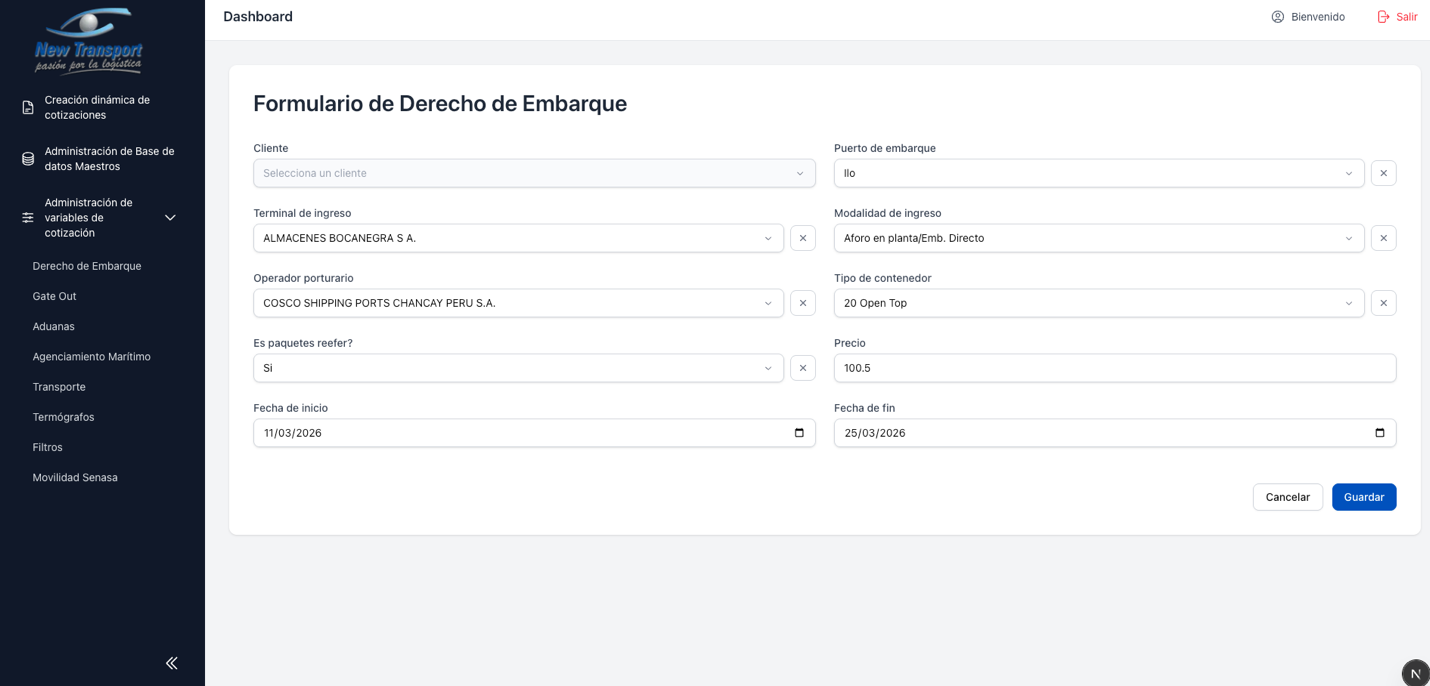 Formulario crear tarifa - parte 2