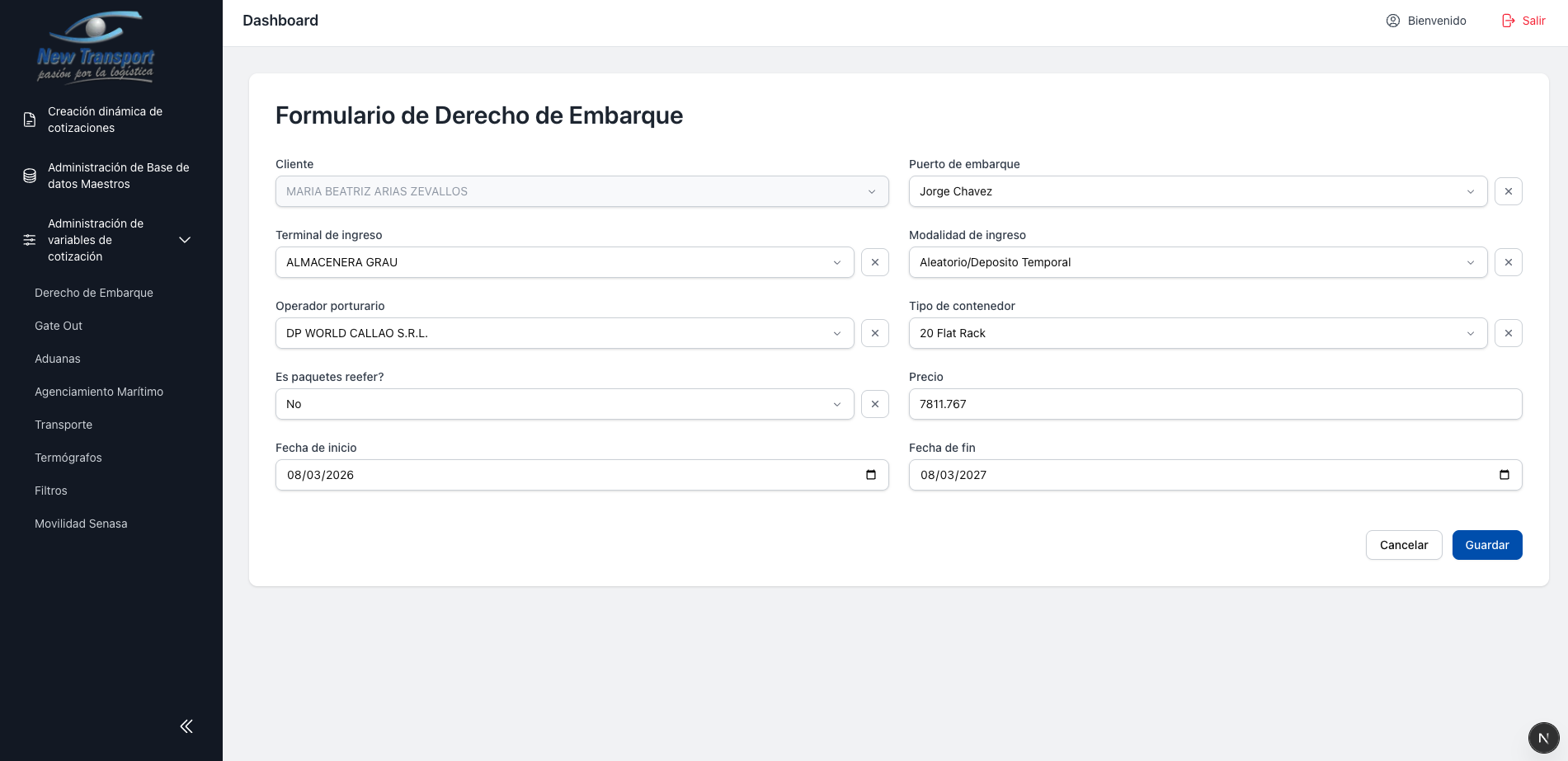 Formulario editar tarifa
